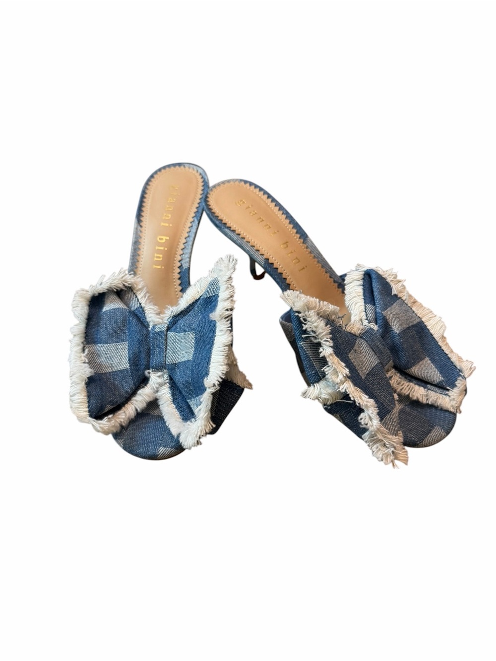 Coquette Denim Gingham Bow Kitten Heel Mules Gianni Bini Size 8 NWOB